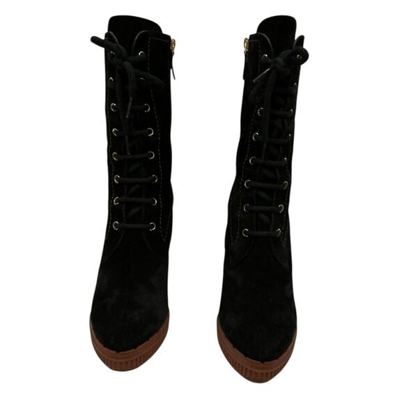 Tod’s Gomma Lace-Up Suede Heeled Bootie Black Ribbed Heel Size 40 Italy 10 US - Picture 9 of 15